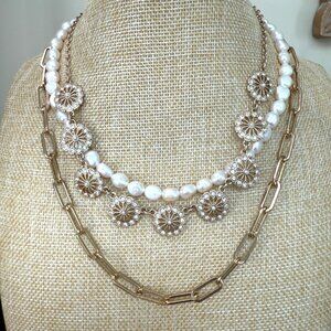 Banana Republic Layered Necklace Set Gold Chains & Faux Pearls With Floral 3